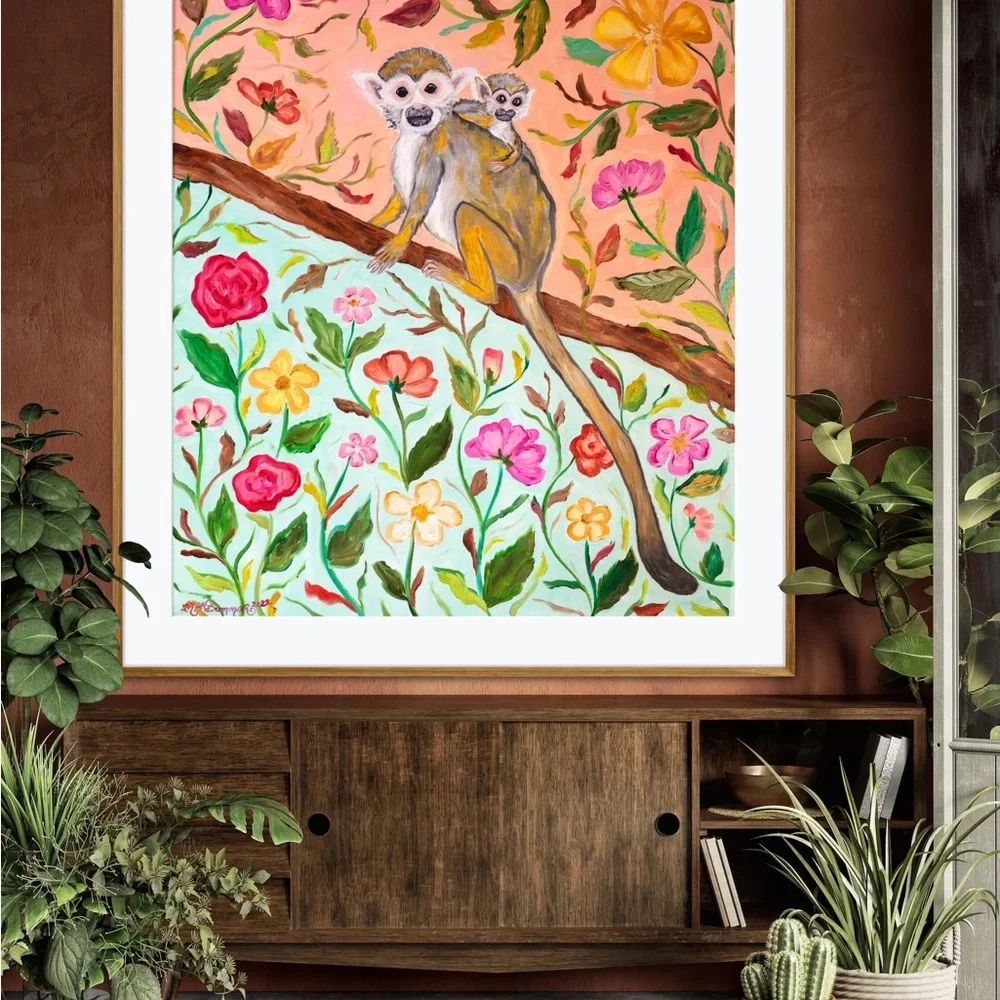 Squirrel Monkeys Art Print Oil Painting tropical floral botanical animal decor - Picture 7 of 9
